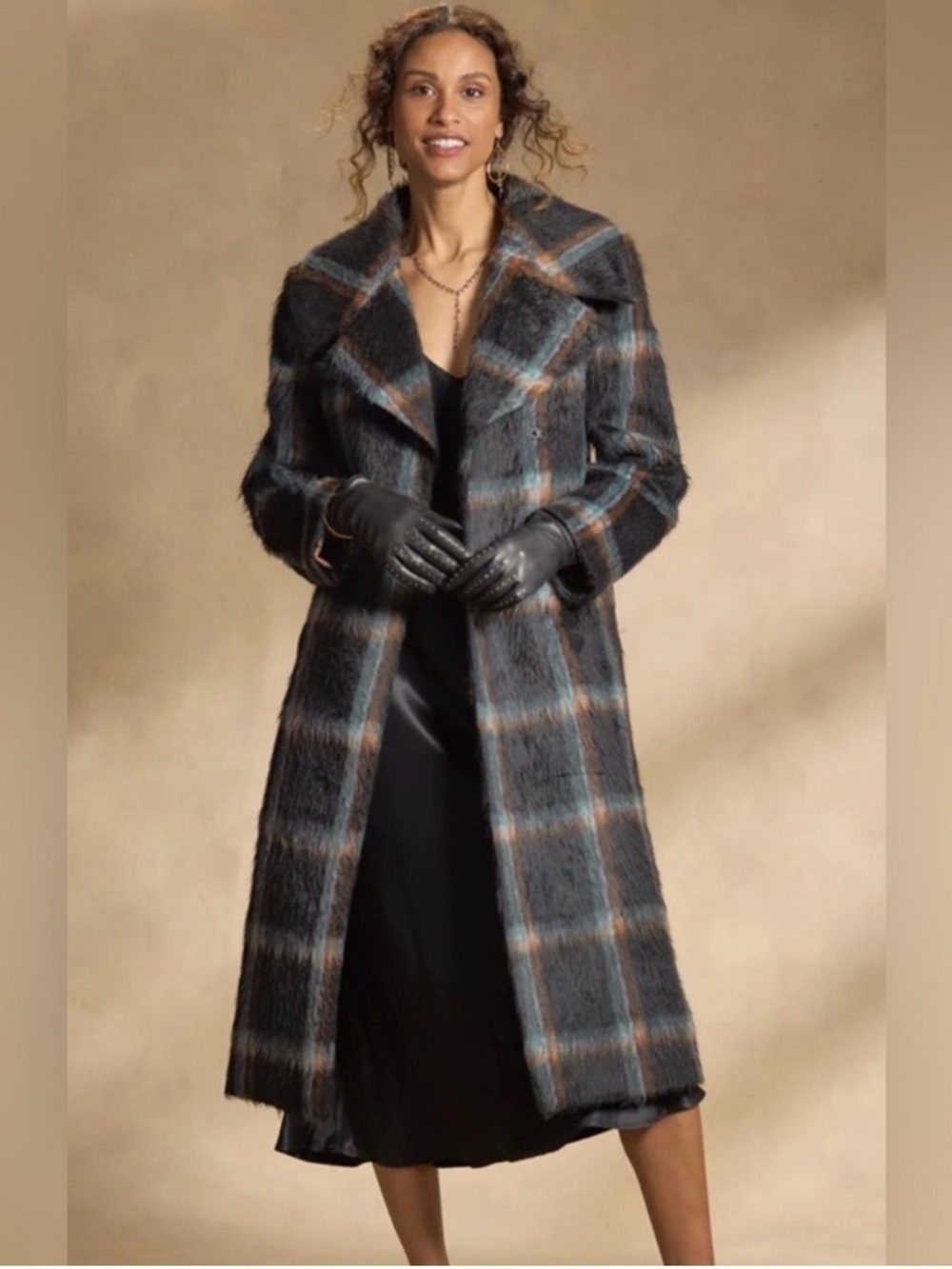Sundance RoseMarie Charcoal, Brown & Blue Plaid Long Trench Coat